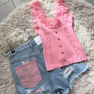 pink crystal pocket denim shorts