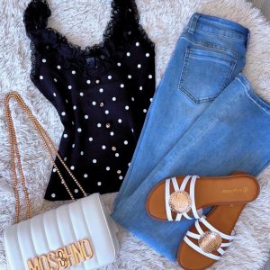 black and white frill polka dot vest